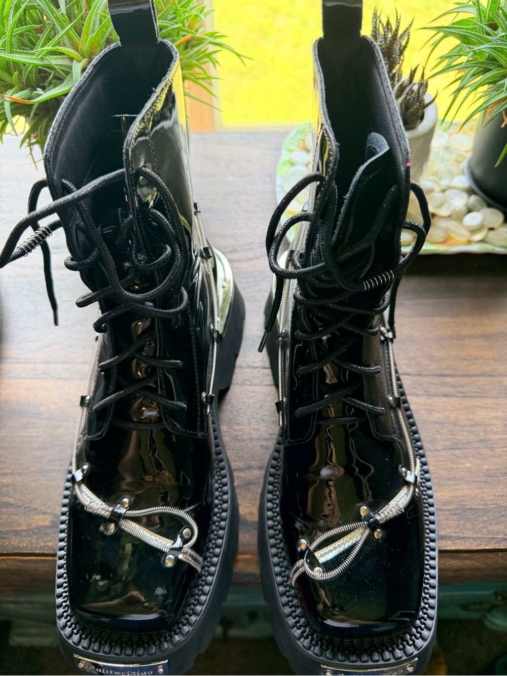 Black Patent Lace-Up Platform Frankenstein Combat Boots - Women